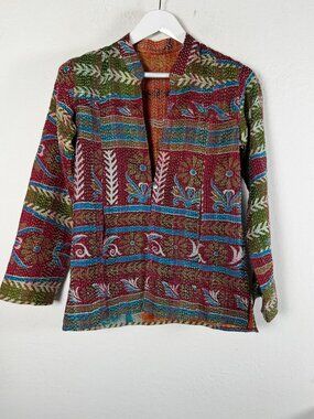 Handmade Women's Kantha Quilted Jacket Boho Floral Reversible Red Lightweight